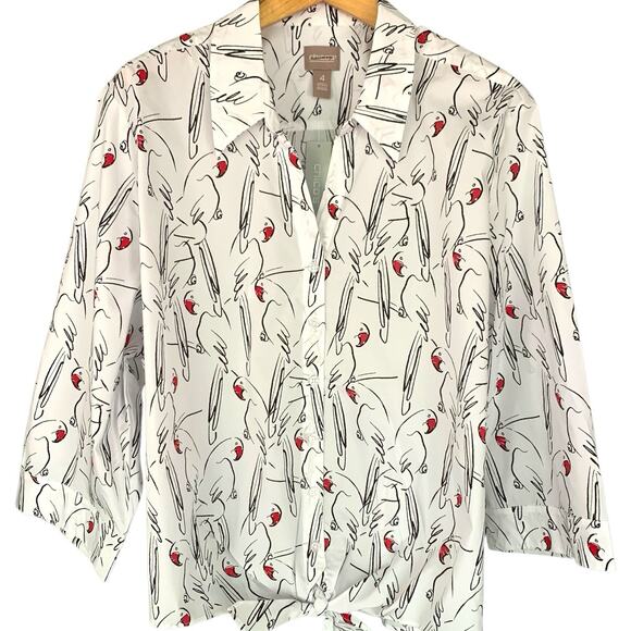 Chico's Top NWT Size 4 (2X) Amazon Parrots Tie Front Popover Artsy Statement - Picture 1 of 7